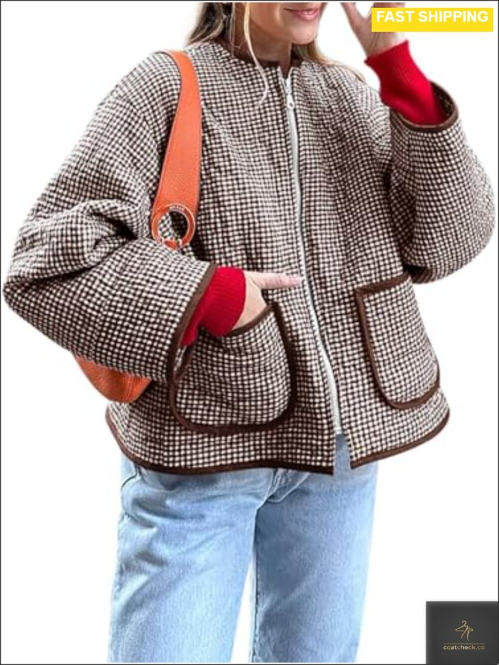 Women's Quilted Lightweight Jacket Plaid Cropped Winter Coat